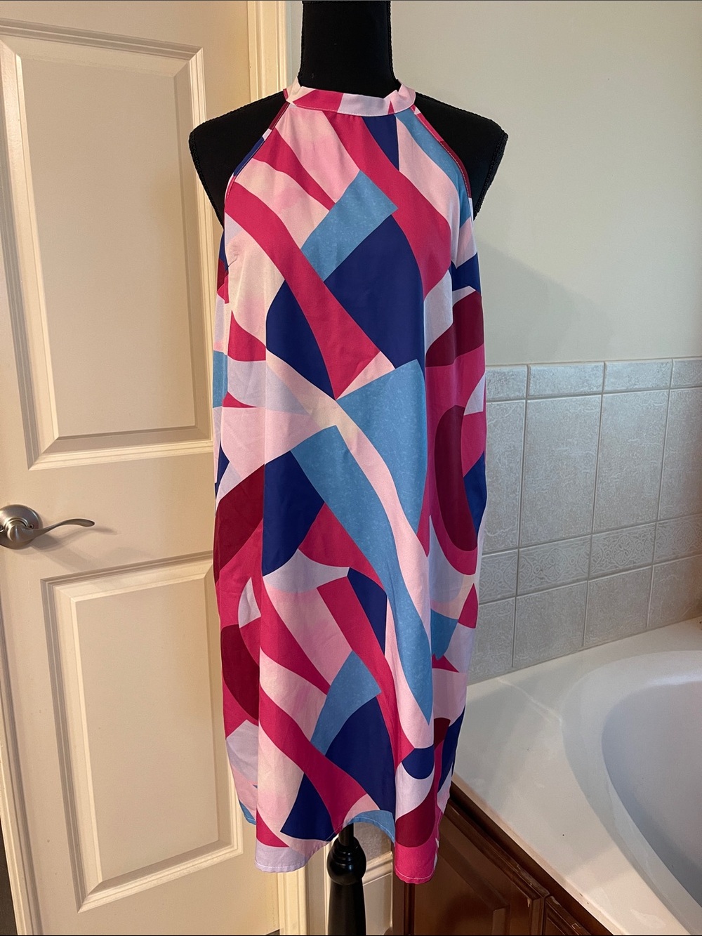 SHEIN Pink Blue Multi-Color Halter Shift Dress